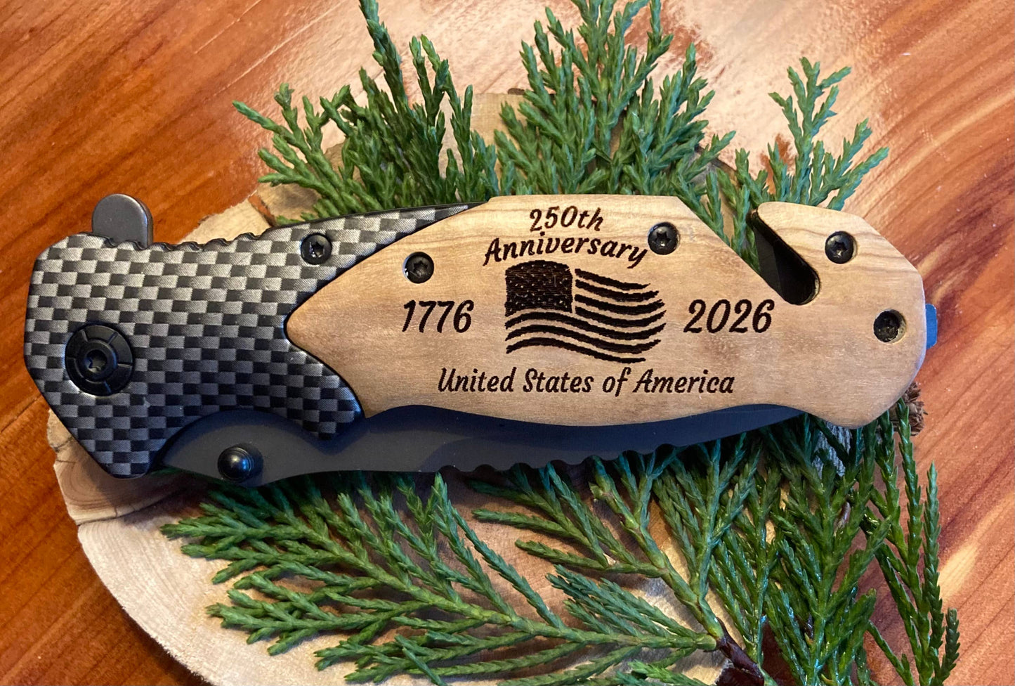 Quail Tail Laser Art - 250th Anniversary Knife 