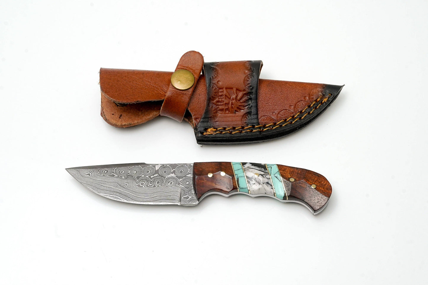 Hand-Forged Damascus Steel Field Knife-Wood & Turquoise Handle