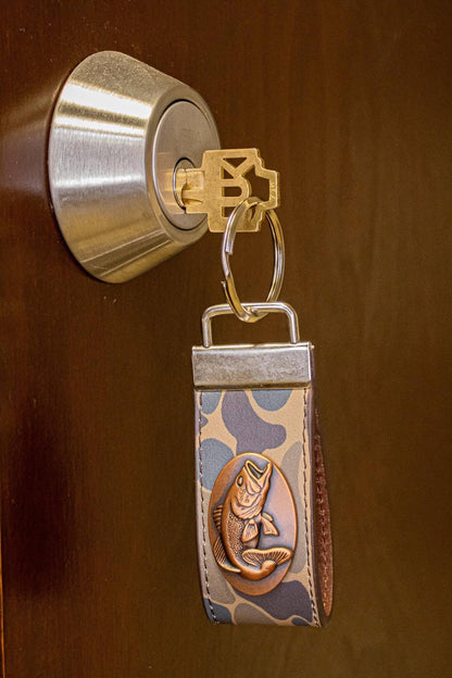 Bass Fishing Old School Camo Leather Loop Keychain.: Brown/Tan Camo