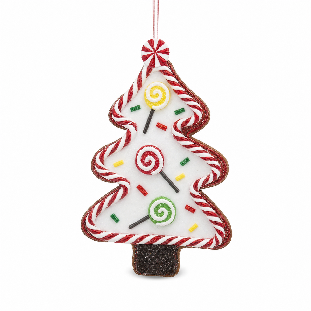Candy and Gingerbread Tree Cookie Ornament, Lollipops design: yellow, red and green swirl lollipops