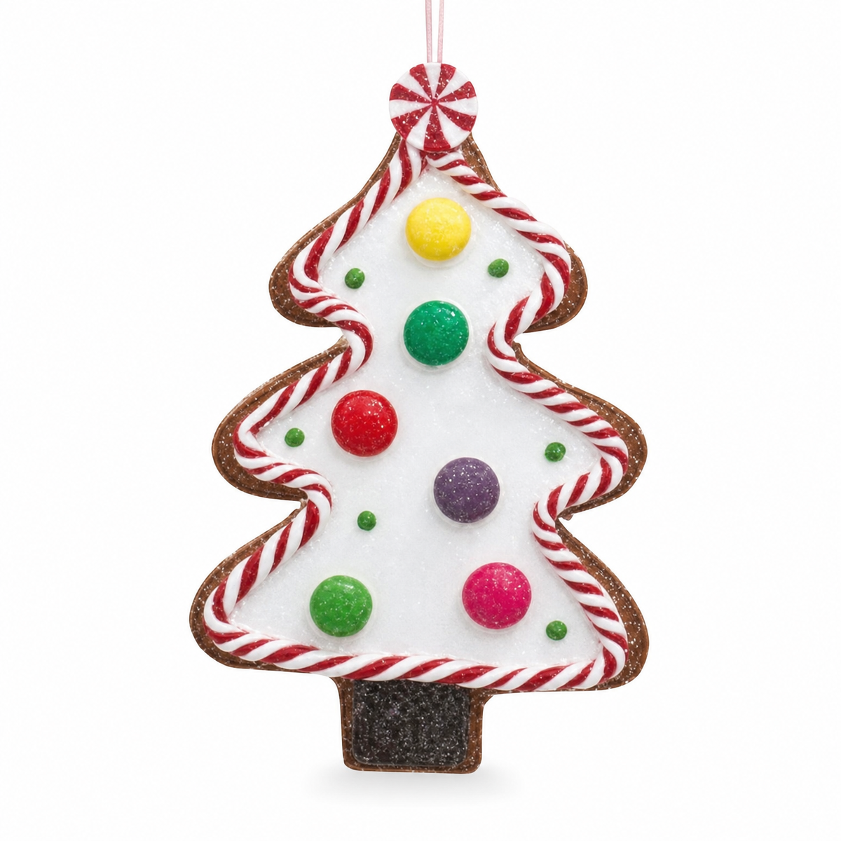 Candy and Gingerbread Tree Cookie Ornament, Candy Buttons design: round candies in five bright colors