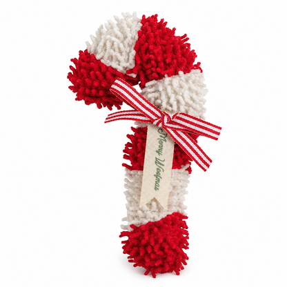 Candy Cane Plush Dog Toy, Red design: red and white stripes with a red striped ribbon