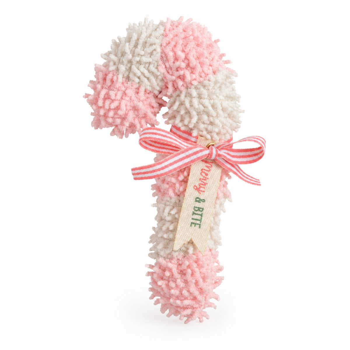 Candy Cane Plush Dog Toy, Pink design: pink and white stripes with a pink striped ribbon