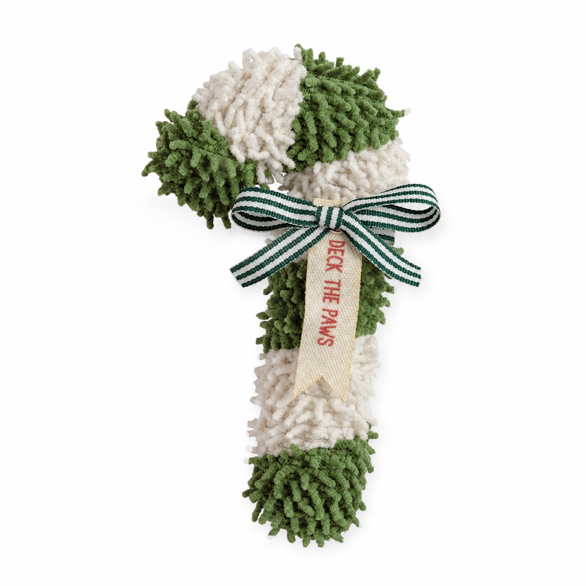 Candy Cane Plush Dog Toy, Green design: green and white stripes, or blue and white stripes, each with a matching ribbon