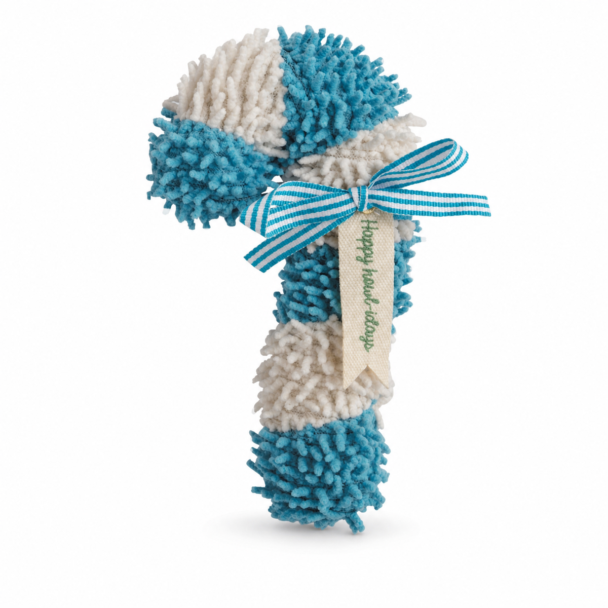 Candy Cane Plush Dog Toy, Blue design: green and white stripes, or blue and white stripes, each with a matching ribbon