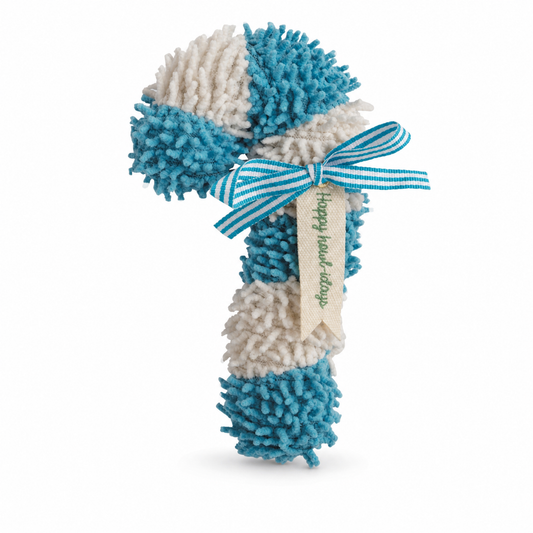 Candy Cane Plush Dog Toy, Blue design: green and white stripes, or blue and white stripes, each with a matching ribbon