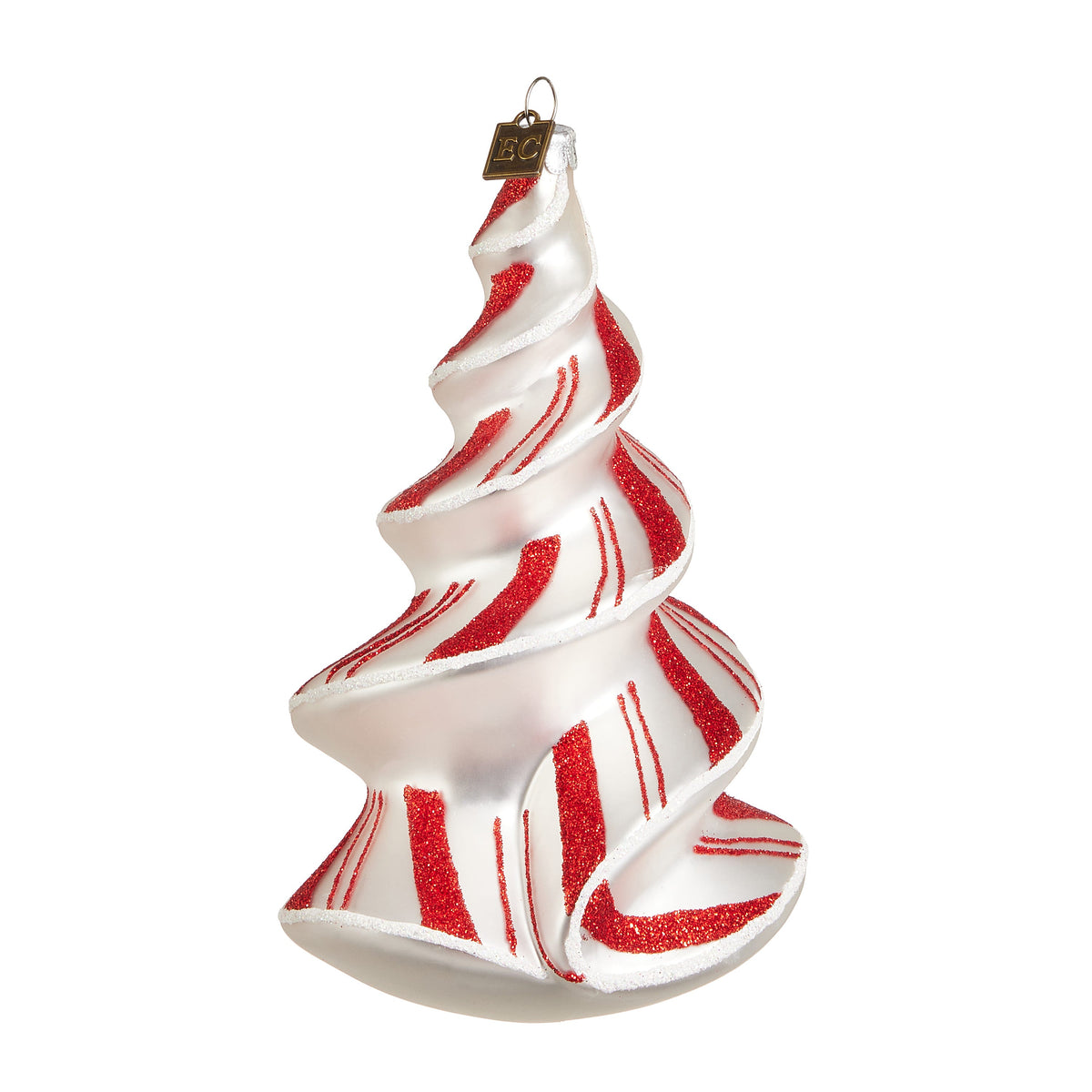 Candy Cane Spiral Tree Ornament, A white glass spiral tree ornament with red glitter stripes resembling a candy cane.