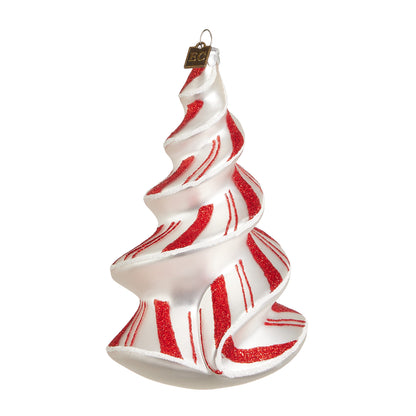 Candy Cane Spiral Tree Ornament, A white glass spiral tree ornament with red glitter stripes resembling a candy cane.