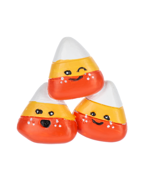 Candy Corn Cuties Pocket Charm, Three smiling candy corn figurines in white, yellow and red-orange with freckled cheeks.