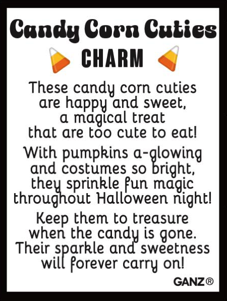 Candy Corn Cuties Pocket Charm, Three smiling candy corn figurines in white, yellow and red-orange with freckled cheeks.