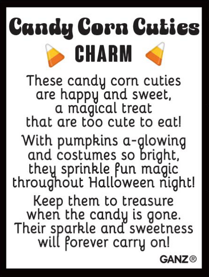 Candy Corn Cuties Pocket Charm, Three smiling candy corn figurines in white, yellow and red-orange with freckled cheeks.