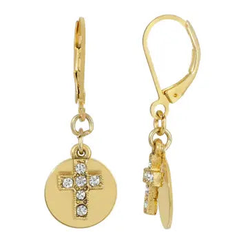 14k Gold Dipped Carded Crystal Cross Disc Earrings