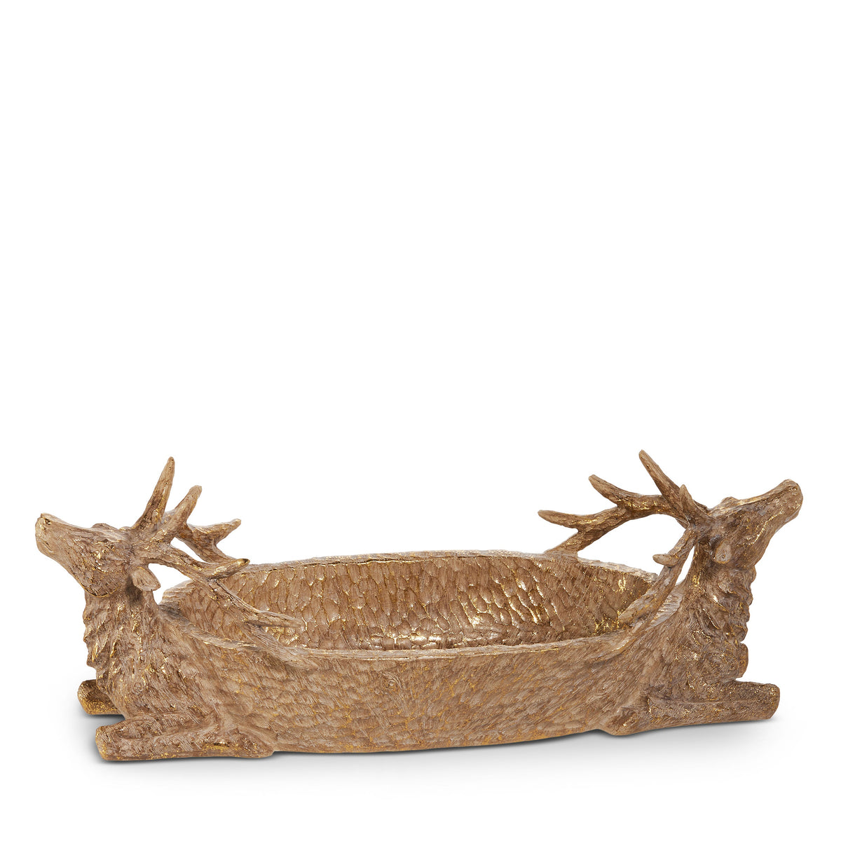 Carved Deer Decorative Bowl, An oval resin bowl with a carved-wood texture in natural tones and gold highlights, with a deer head and antlers rising at each end.