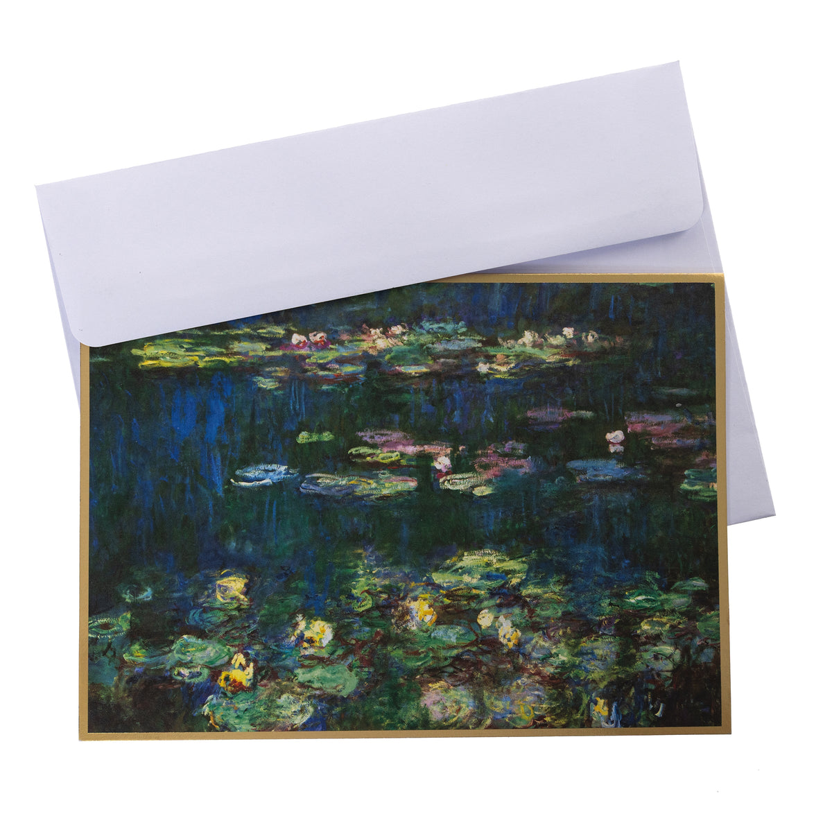 Monet Water Lilies Keepsake Boxed Cards, A pink box with a gold foil bordered reproduction of Monet's Water Lilies painting on the lid, opened to show blank cards and envelopes inside.