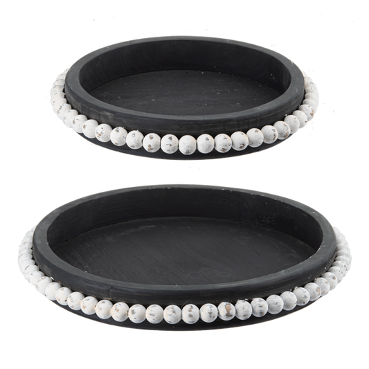 Round Black Tray with White Beaded Edge 2 pc. set