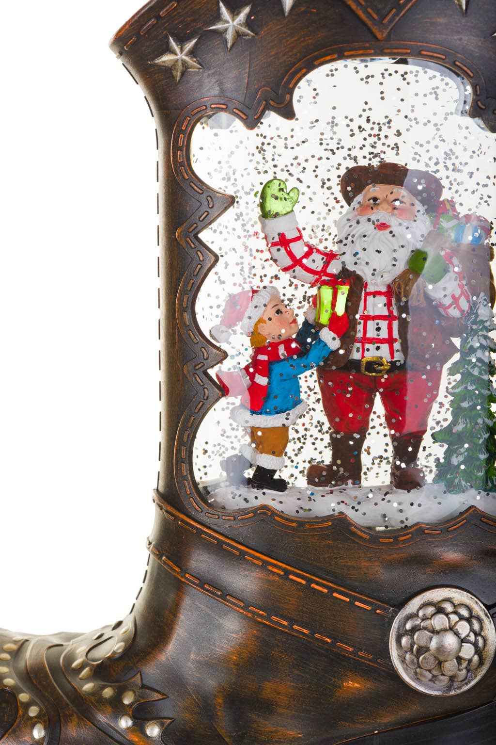Brown Led Cowboy Boot Snow Globe W/ Rancher Santa Claus