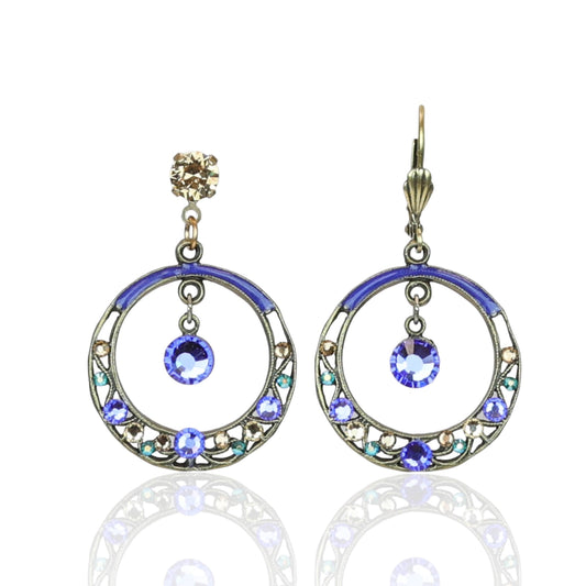 Filigree Hoop Green Purple and Brown Crystal Drop Earrings