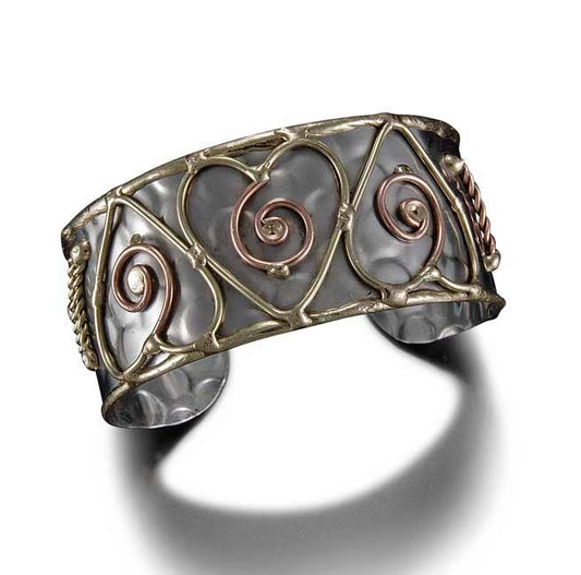 Mixed Metal Cuff Bracelet - Spiral Hearts