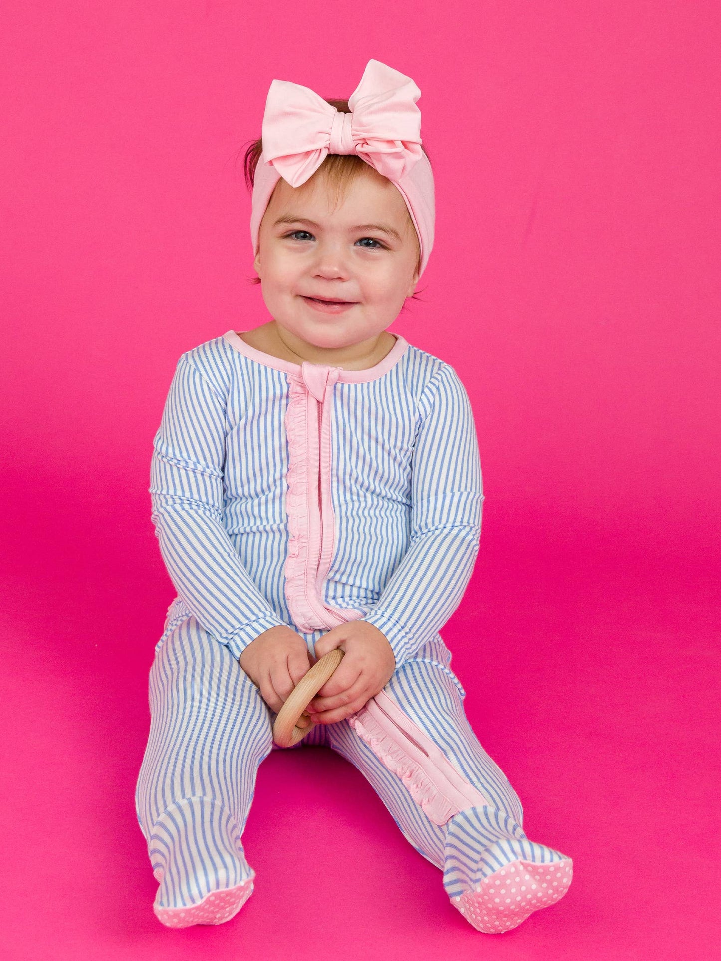 Bamboo Viscose Periwinkle & White Stripe Footed Ruffle One Piece Pajama