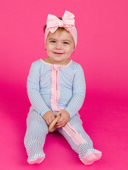 Bamboo Viscose Periwinkle & White Stripe Footed Ruffle One Piece Pajama