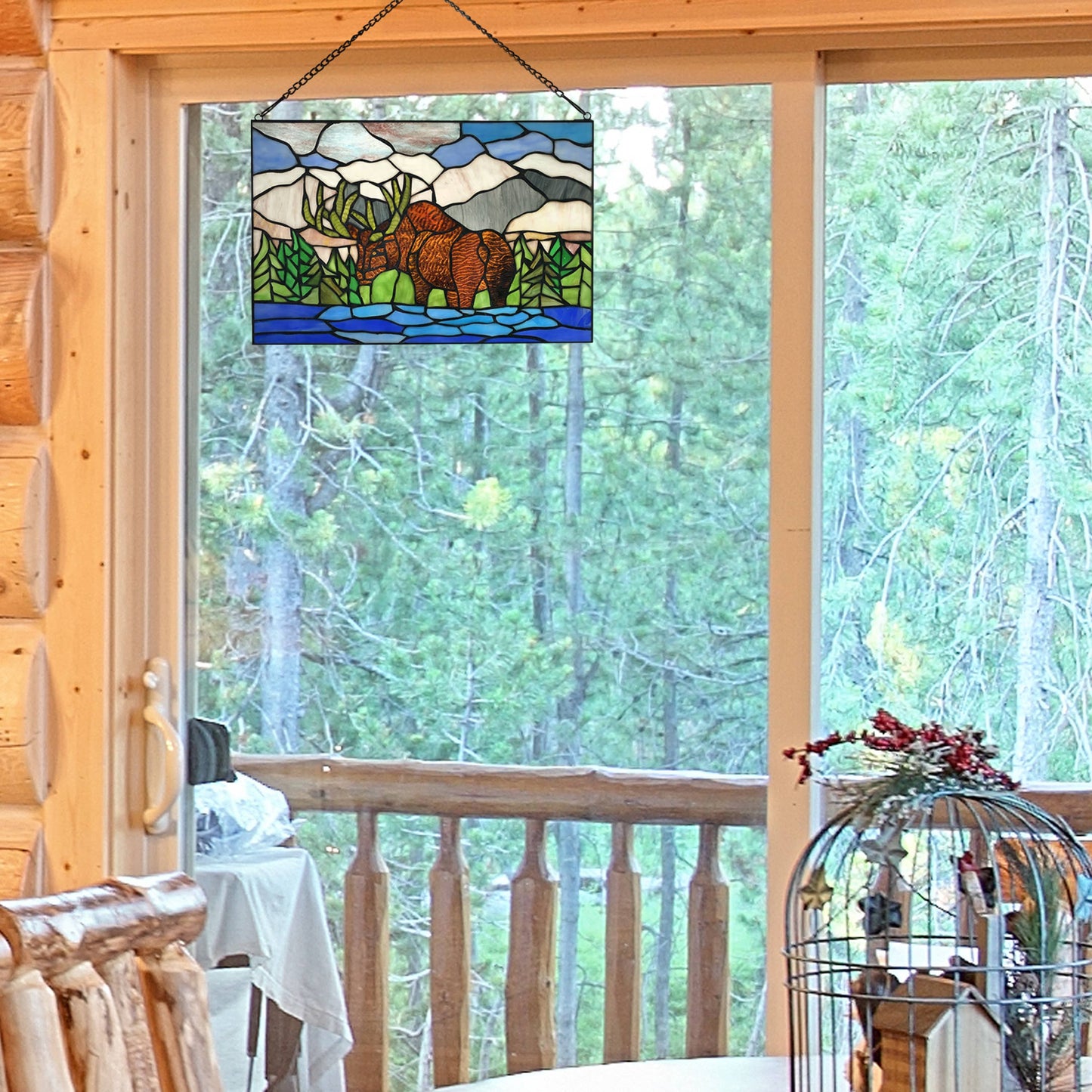 18.25" Moose Mountainscape Stained Glass Window Panel