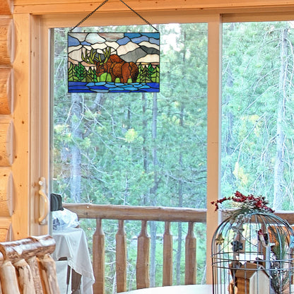 18.25" Moose Mountainscape Stained Glass Window Panel