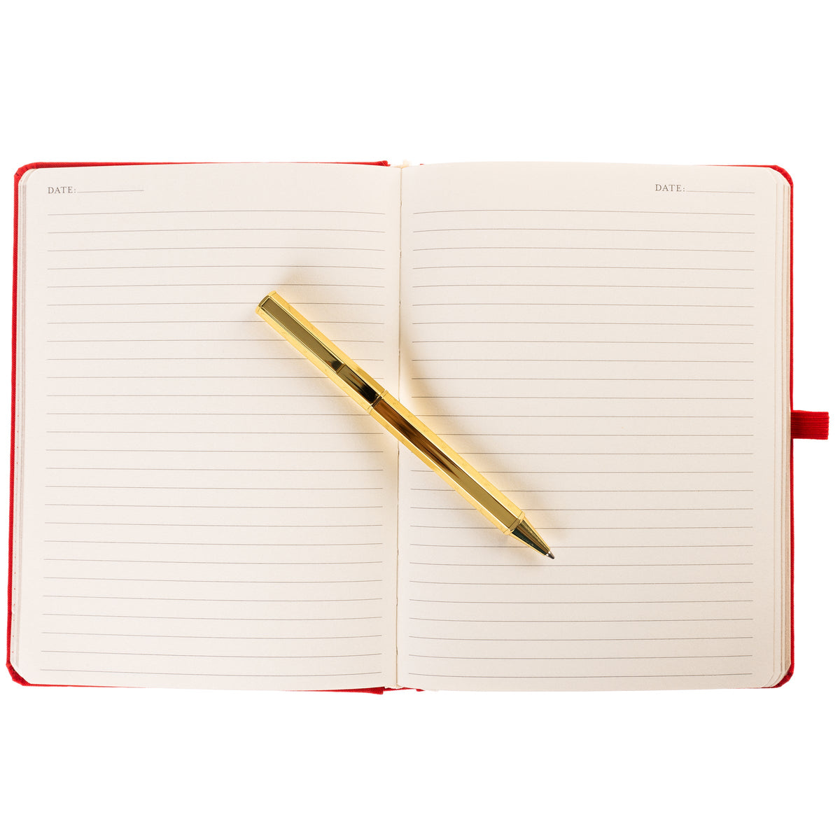 La Petite Presse Cherry Fabric-Bound Journal with Pen, A cherry red fabric journal with gold foil cherries and the words Cherish the Little Things on the cover, paired with a gold twist pen.