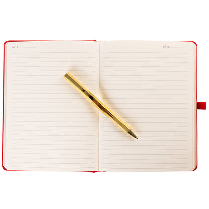 La Petite Presse Cherry Fabric-Bound Journal with Pen, A cherry red fabric journal with gold foil cherries and the words Cherish the Little Things on the cover, paired with a gold twist pen.