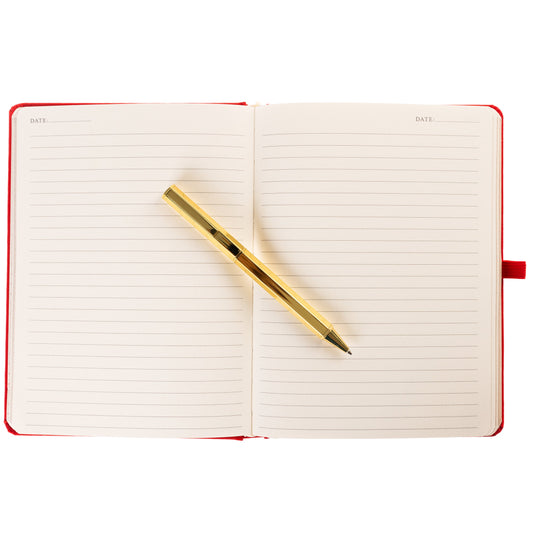 La Petite Presse Cherry Fabric-Bound Journal with Pen, A cherry red fabric journal with gold foil cherries and the words Cherish the Little Things on the cover, paired with a gold twist pen.