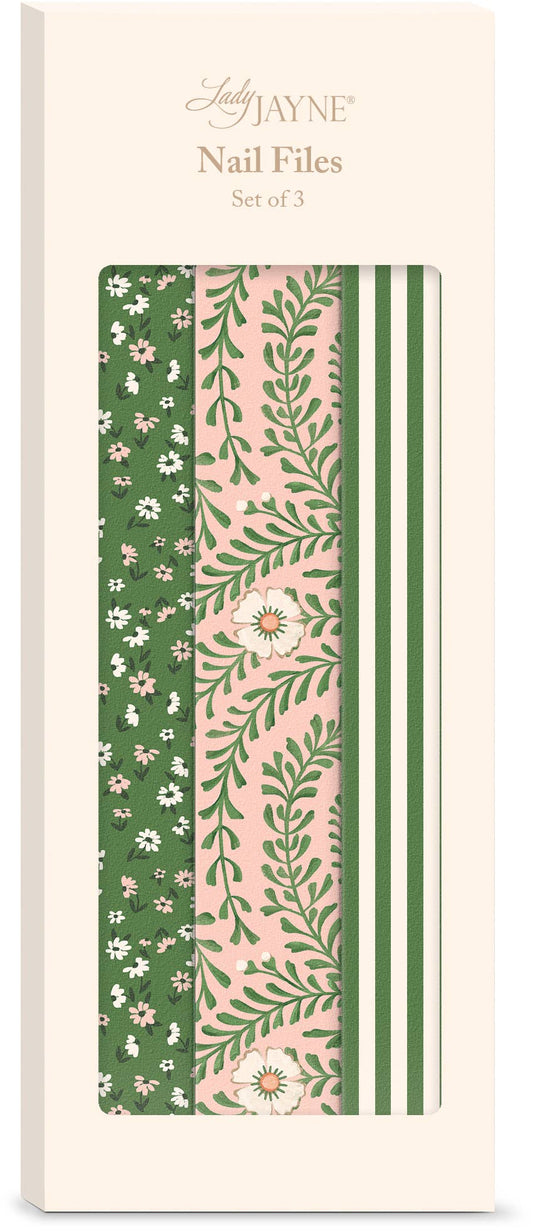 Juego de limas de uñas con diseño floral rosa y verde