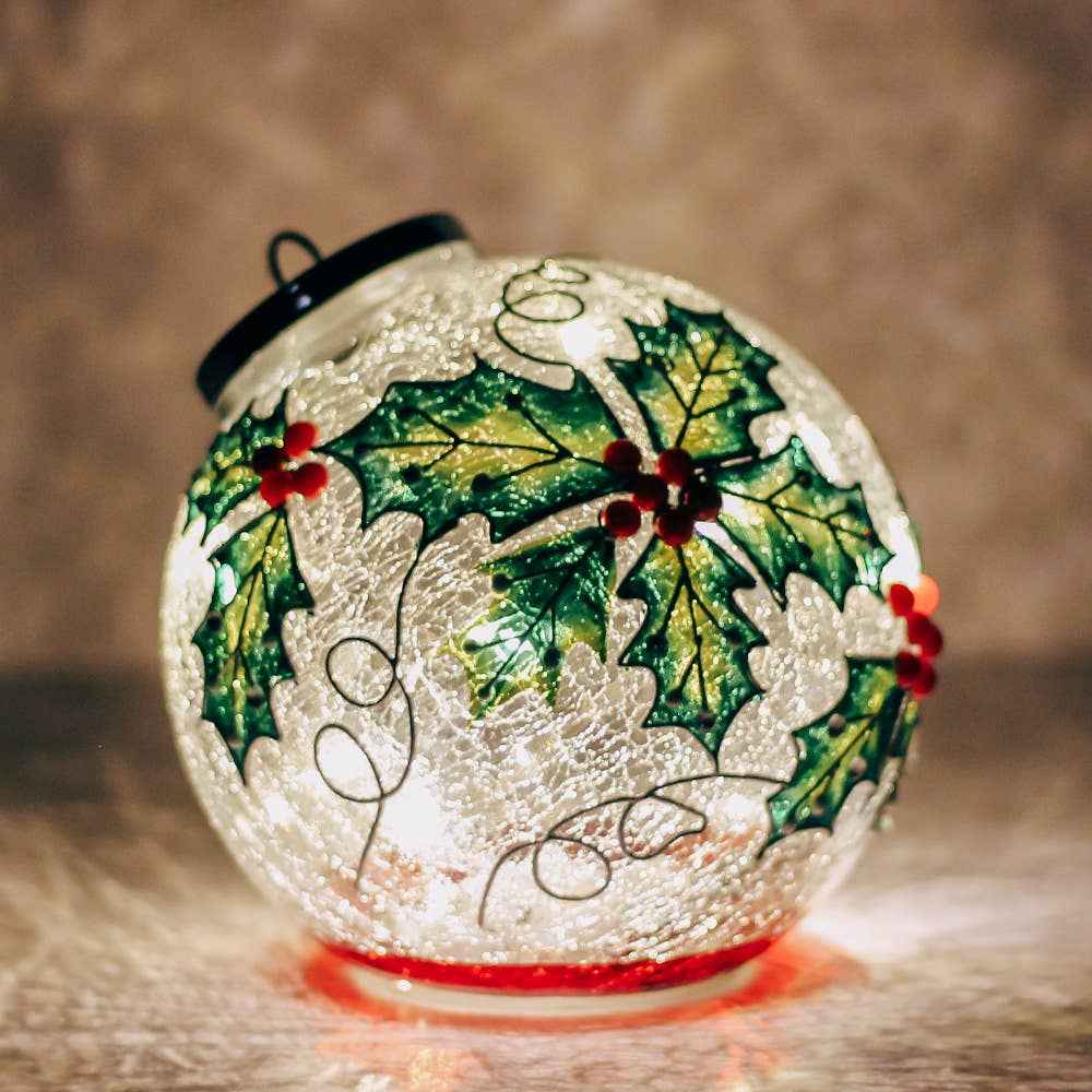 Holly Berry Glass Ornament LED – Christmas Holiday Decor
