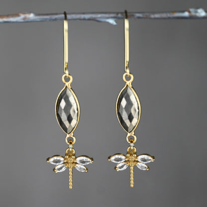 Marquise Semi Precious w/ Vintage Crystal Dragonfly Earrings