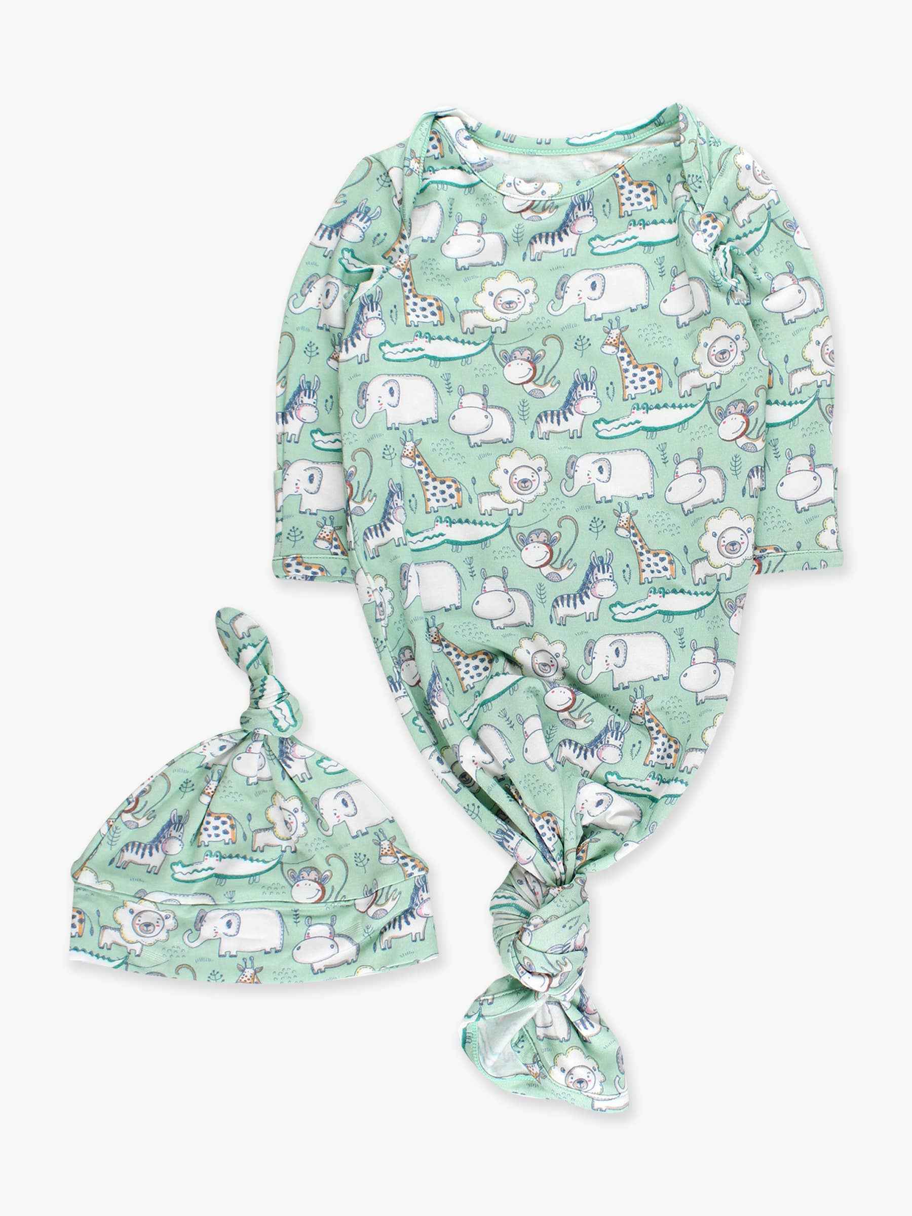 SoftSnooze™ Baby Bamboo Viscose Sage Safari Knotted Sleep Gown & Hat Set: Green / Newborn-3m
