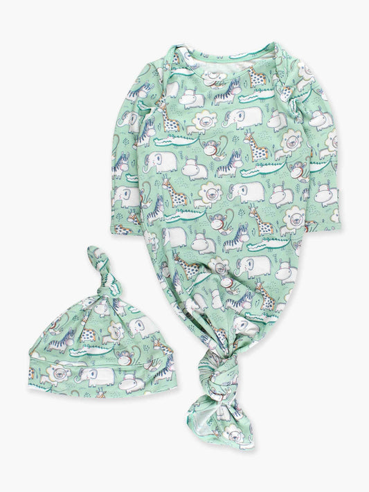 SoftSnooze™ Baby Bamboo Viscose Sage Safari Knotted Sleep Gown & Hat Set: Green / Newborn-3m