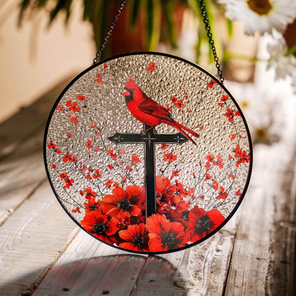 Cardinal & Cross Stained Glass Suncatcher, Window Decor