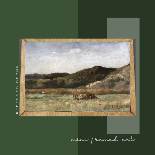 Grazing Cattle Framed Canvas Mini Art