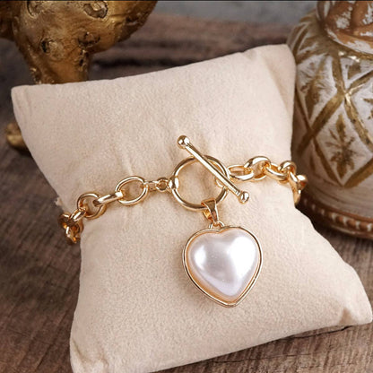 Soft Devotion – Pearlized Puffy Heart Toggle Chain Bracelet in Gold