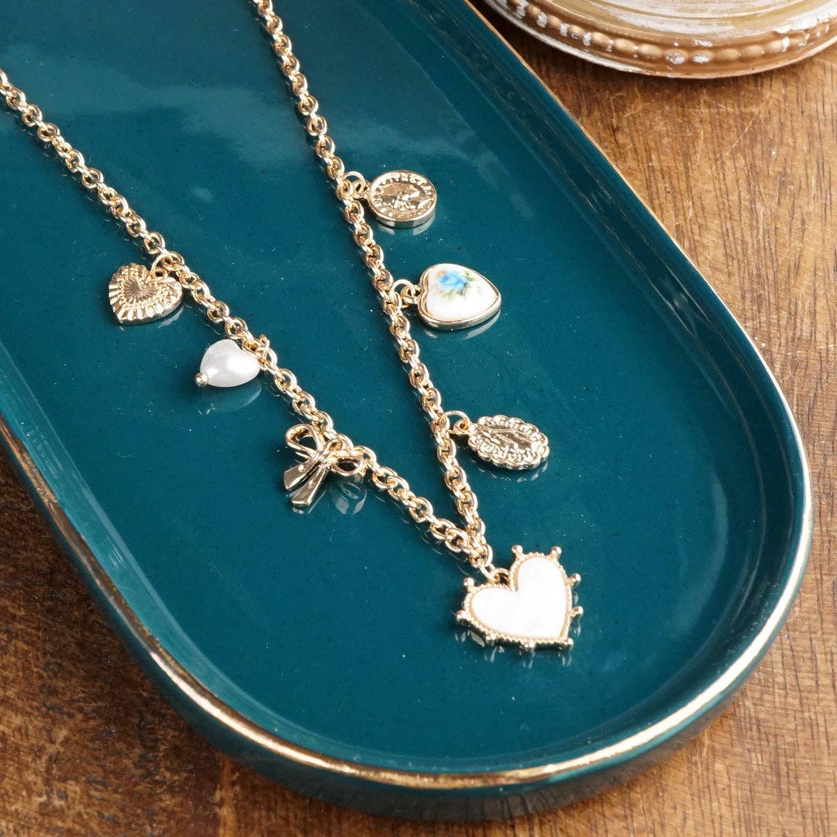 Multi-Charm Heart Necklace in Gold Tone