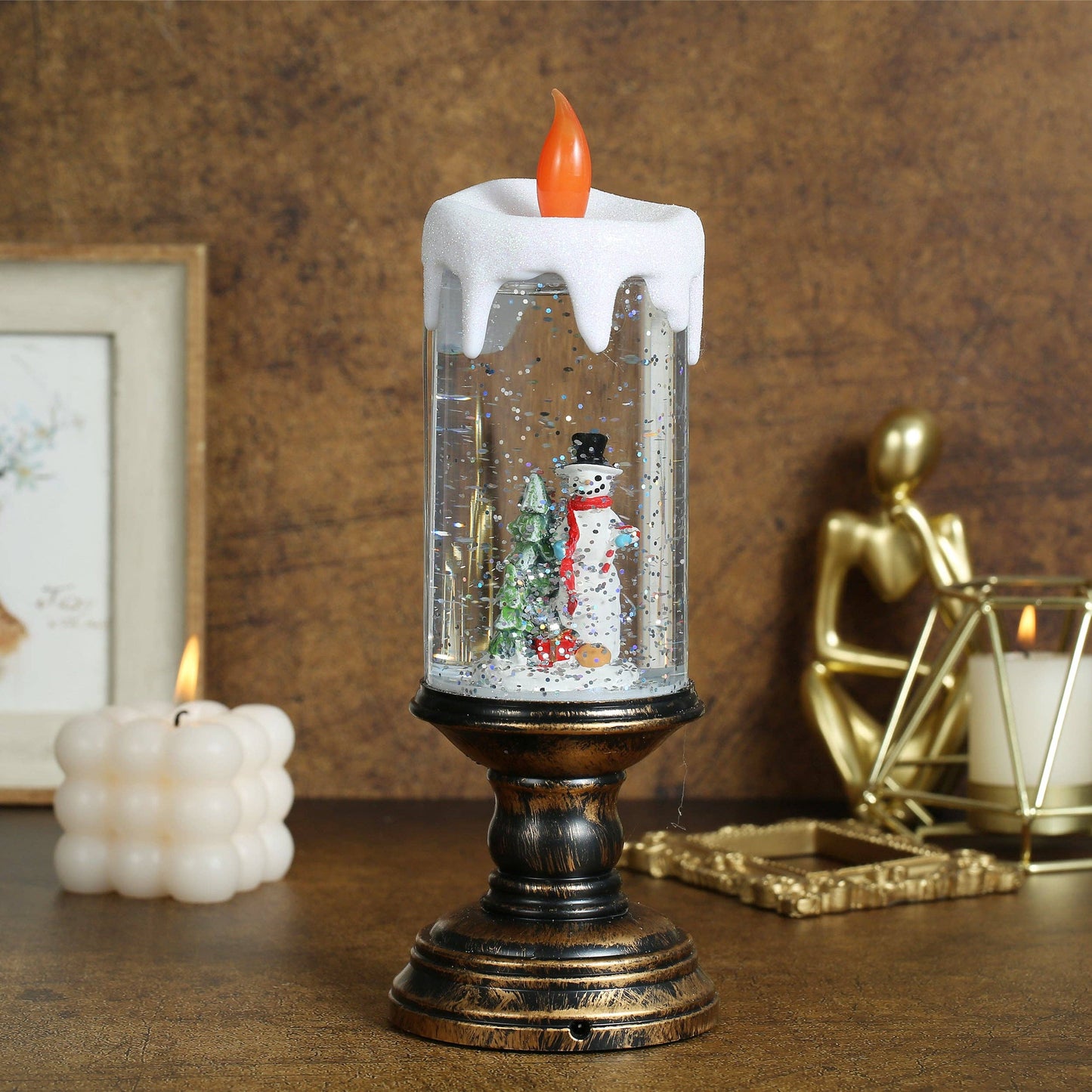 Christmas Musical Snow Globe Candlestick Lantern with Snowman Scene for Christmas Decoration