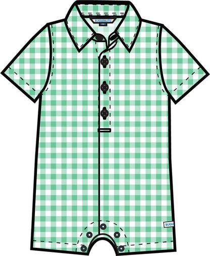 Baby Boys Classic Spring Green Gingham Short Button-Up Romper