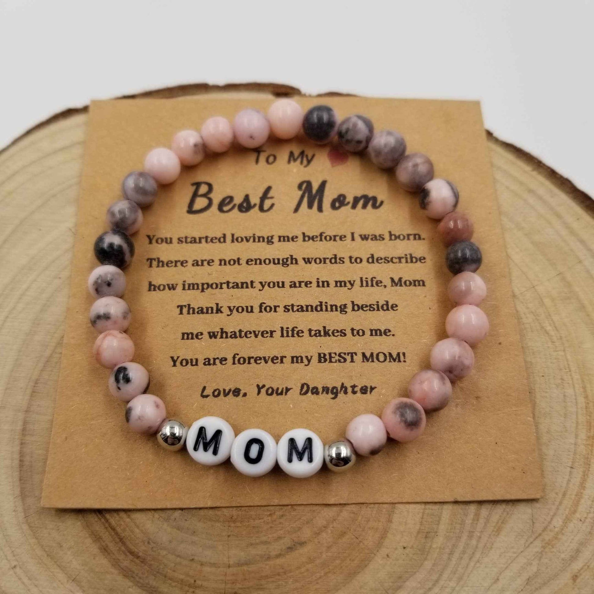 Natural Rhodonite Stone MOM Bracelet - Mother's Day Gift