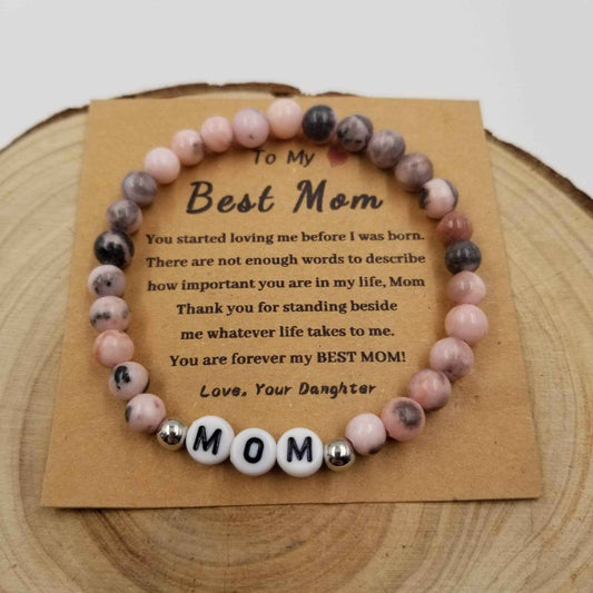 Natural Rhodonite Stone MOM Bracelet - Mother's Day Gift