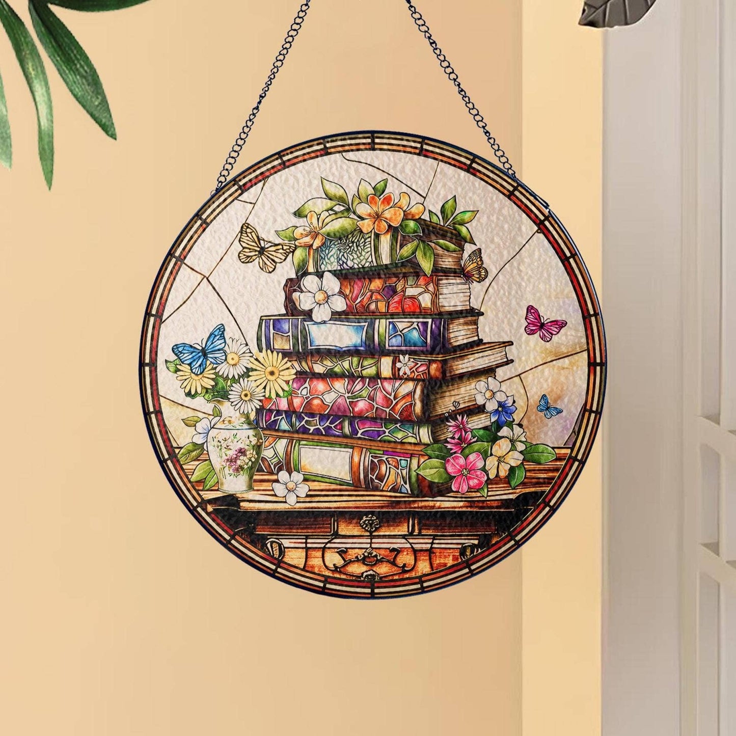 Flower Book Stained Glass Suncatcher, Book Club Ornament