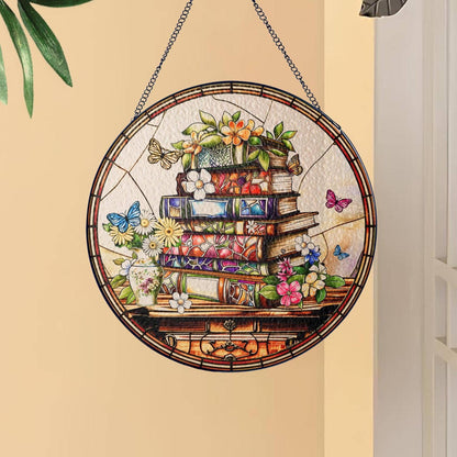 Flower Book Stained Glass Suncatcher, Book Club Ornament