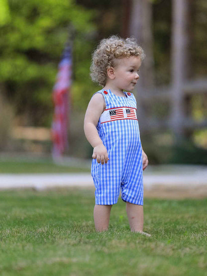 4th of july Flag Embroidery Smocking Boys Romper: 3M
