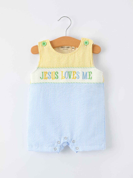 "Jesus Loves Me "Embroidered Baby Boy Romper: 18M
