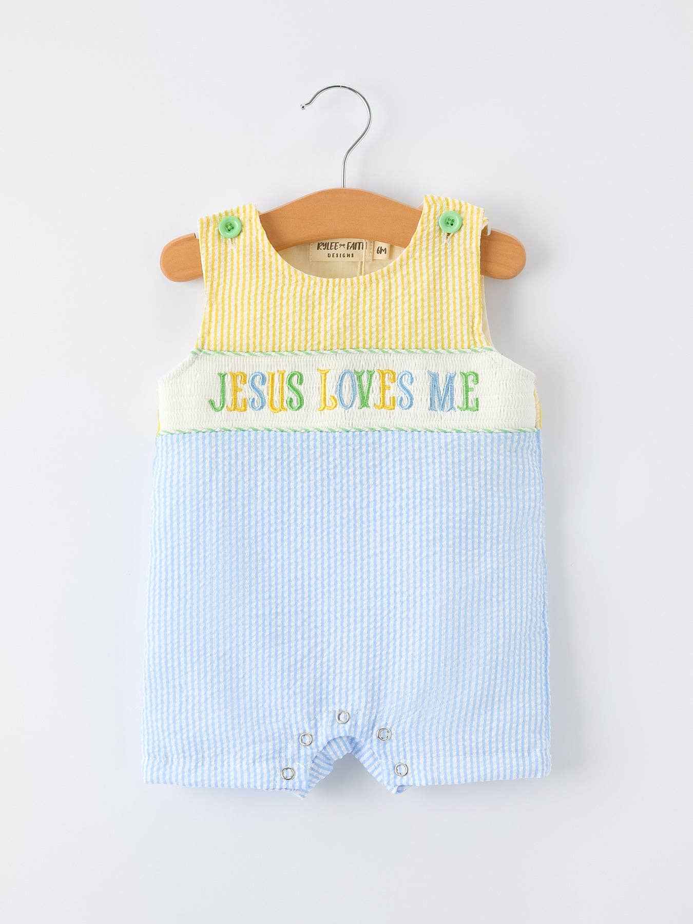"Jesus Loves Me "Embroidered Baby Boy Romper: 3M