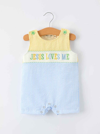 "Jesus Loves Me "Embroidered Baby Boy Romper: 3M
