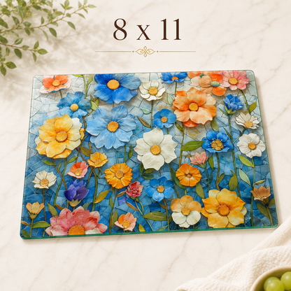Mosaic Floral Glass Cutting Board & Serving Tray: 11x15 inch