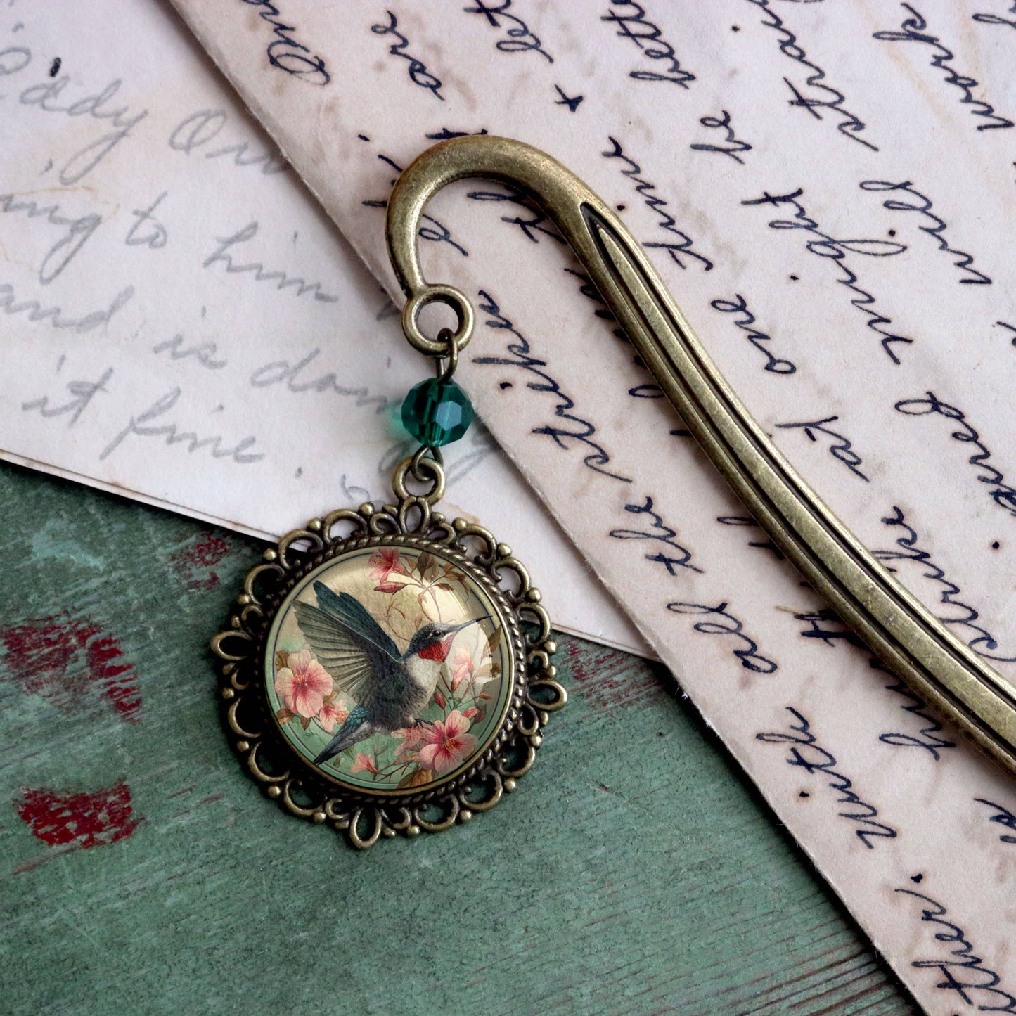 Hummingbird Art Nouveau Glass Cabochon Bronze Bookmark